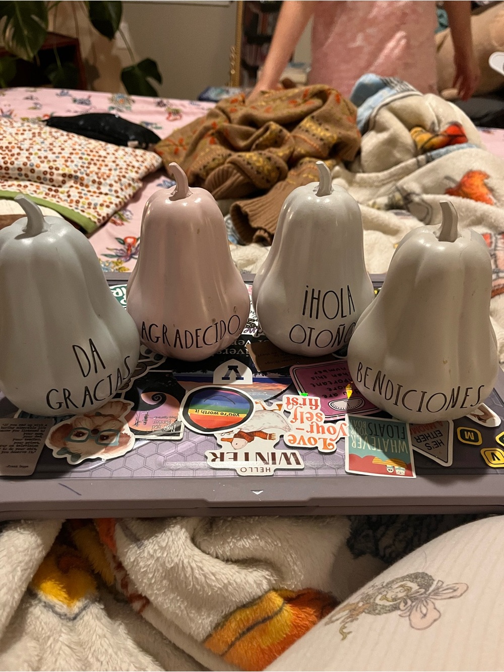 Rae Dunn Ceramic Pear Figurines Set in White and Light Pink - in fair condition